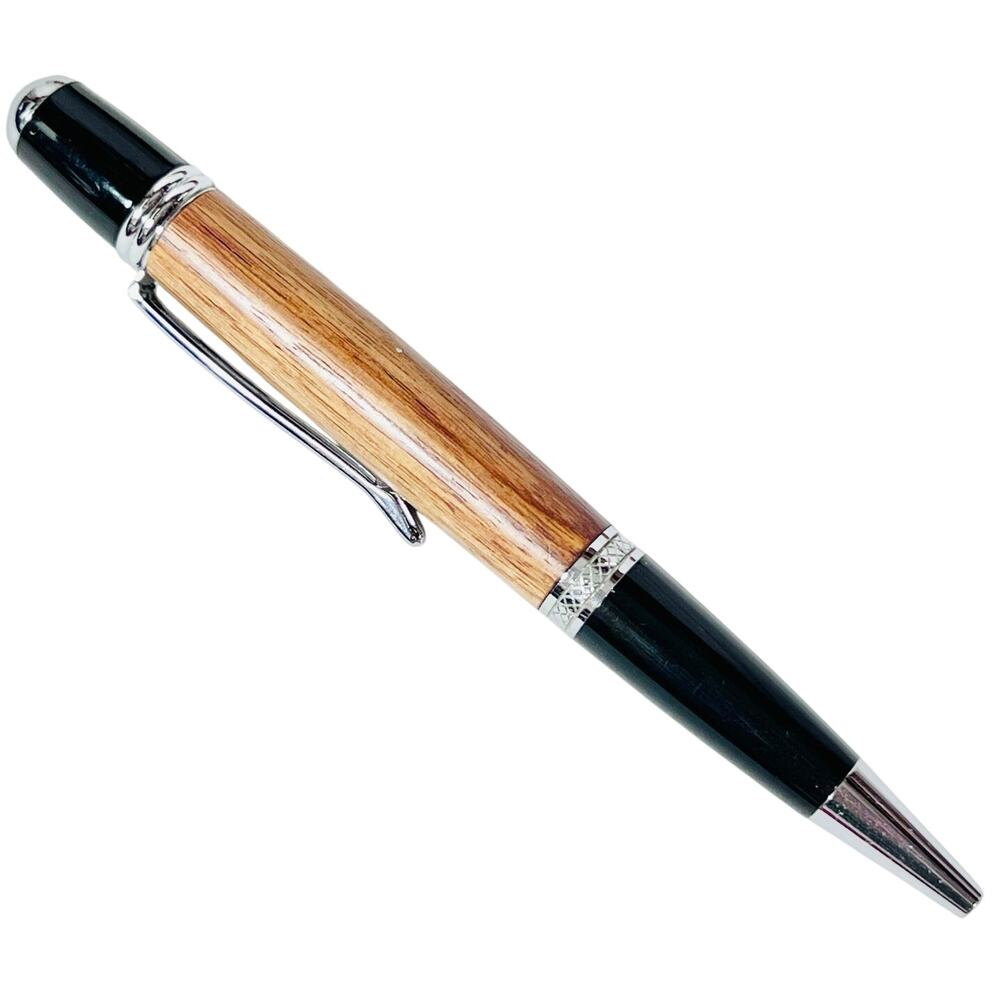 Hand Turned Wood Grain Pen Silver Trim Black Twist Handmade New